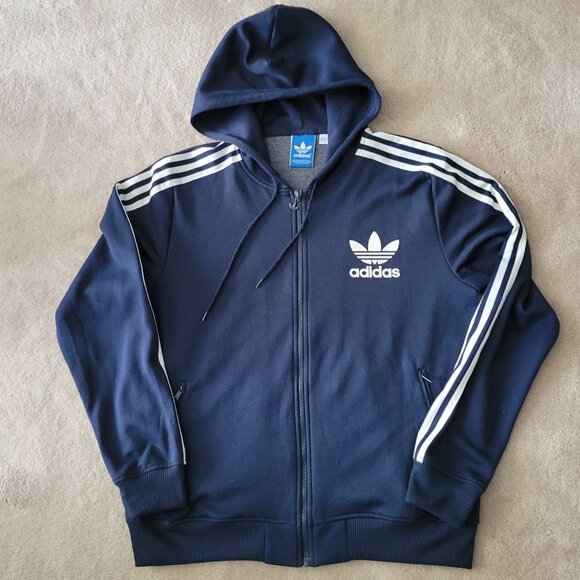Adidas Navy Blue Hoodie with White Stripes - Picture 1 of 11